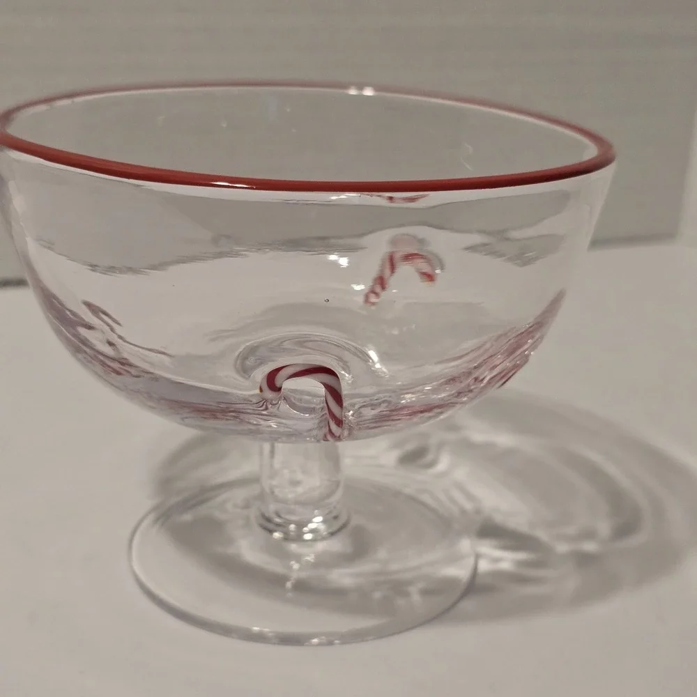 Holiday Candy‎ Cane Glass Dessert Bowl Red Rim Footed Christmas Ice Cream Cup
